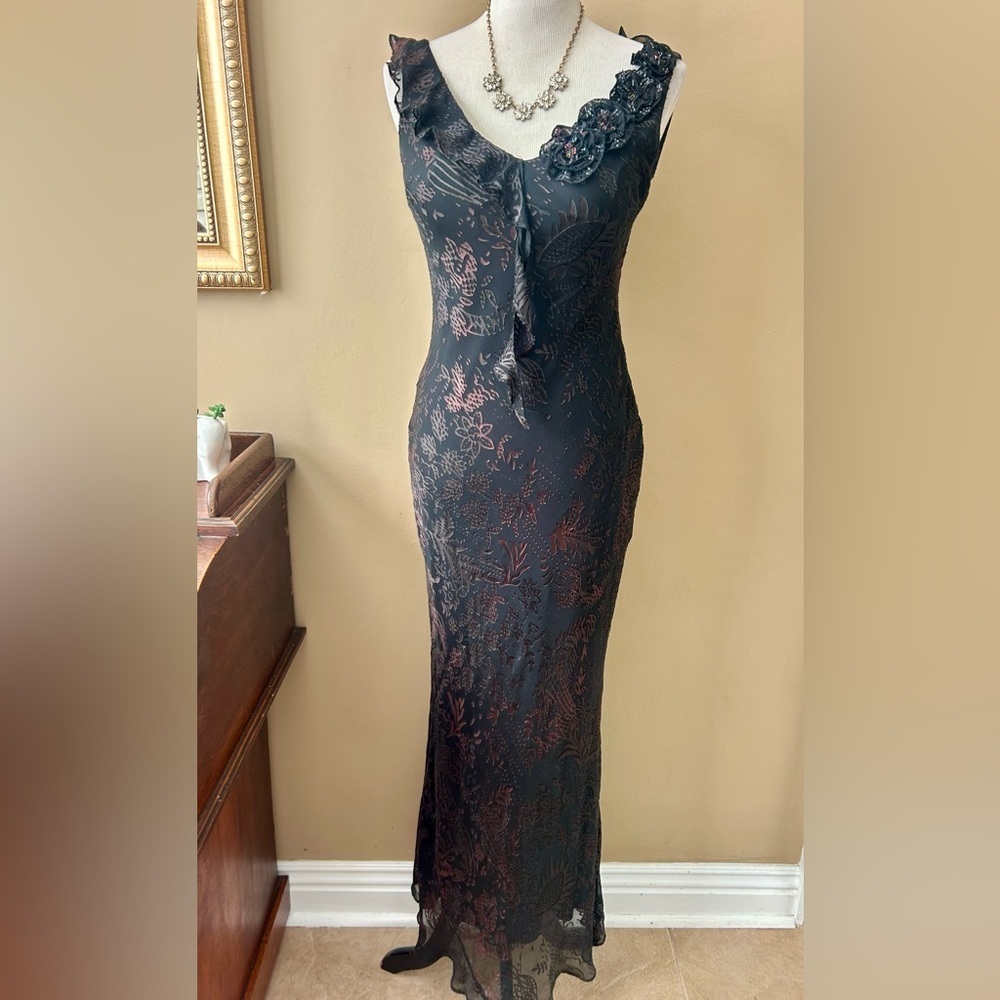 Sue Wong Nocturne Silk Beaded Sequin Black Burnout Gown Maxi Cocktail Dress 6